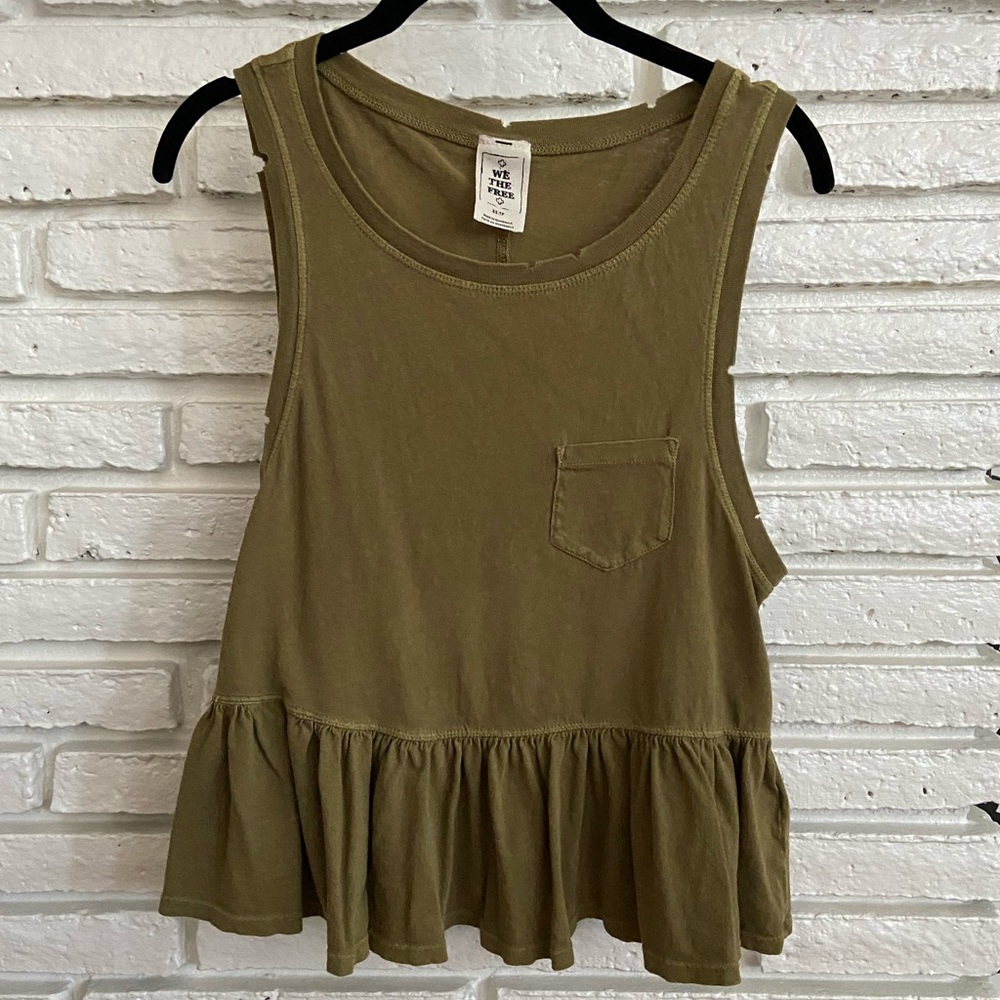 Free People Green Peplum Pocket Tank w Distressing